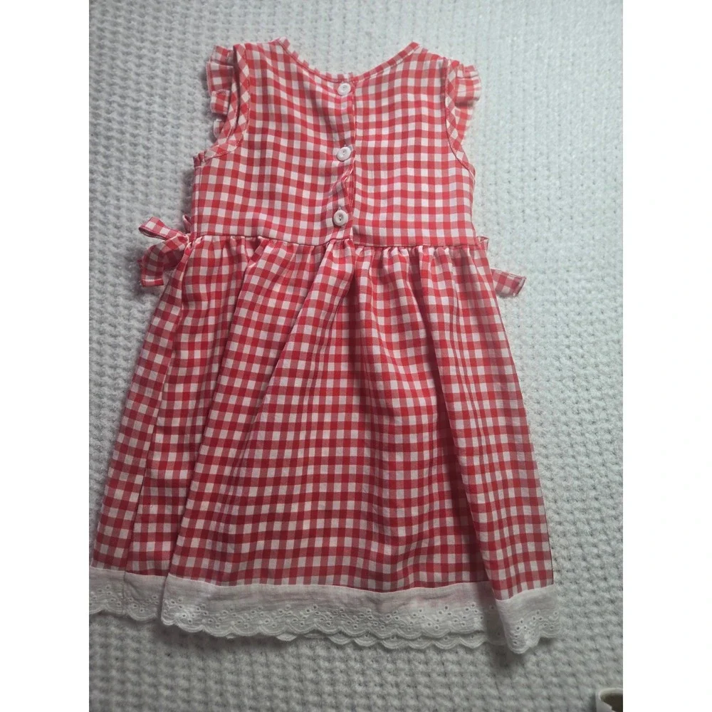 Girls Red Gingham Strawberry‎ Embroidered Lace Trim Dress Farmcore Picnic Large